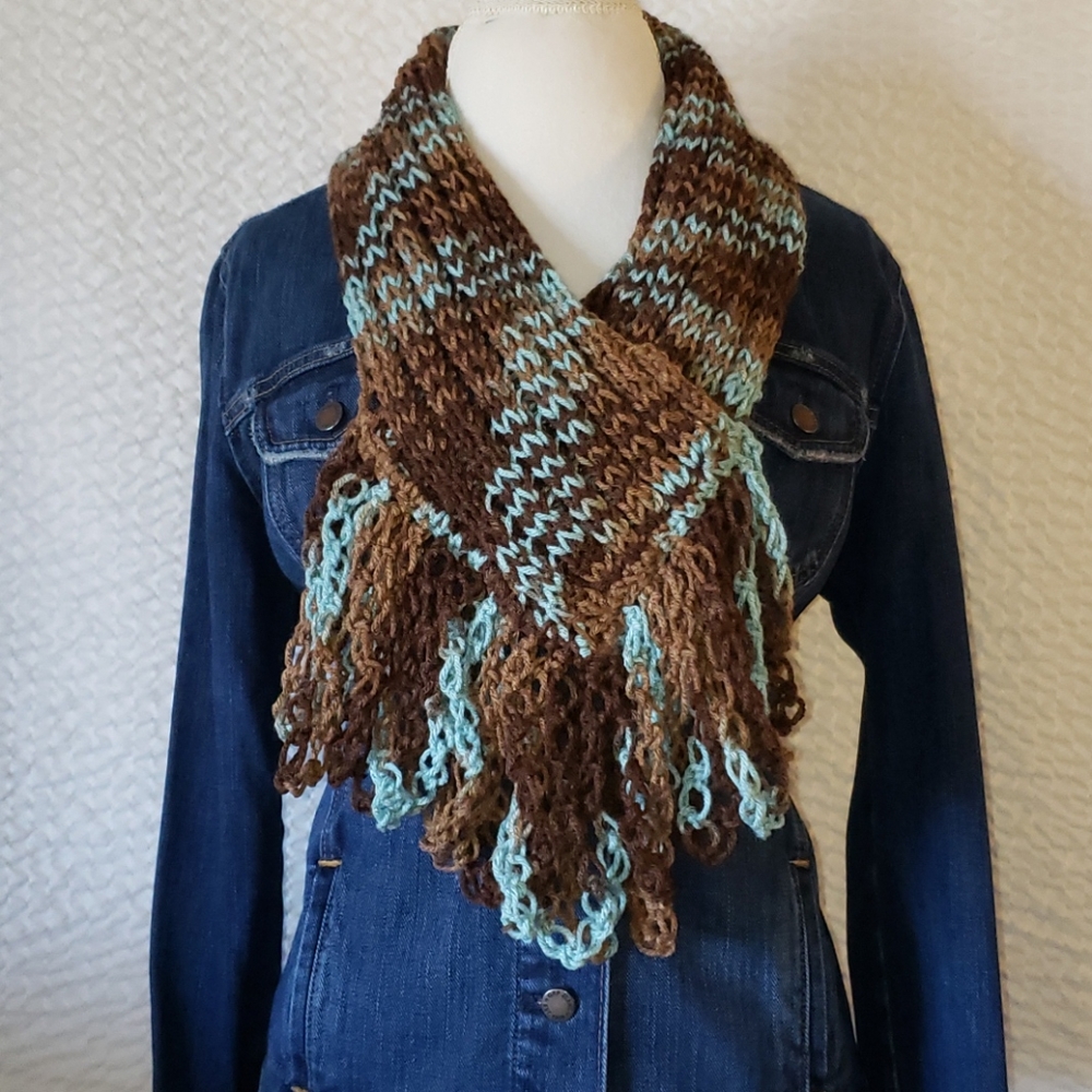 Handmade Knitted Scarf. Blue Brown Multicolored
